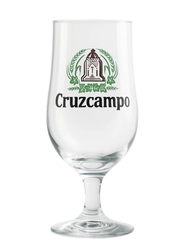 Copa cerveza Cruzcampo laureles verdes y templete marrón (1998–2005, sin CE)