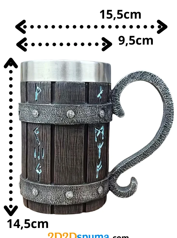 Jarra de cerveza con runas vikingas y asa de martillo